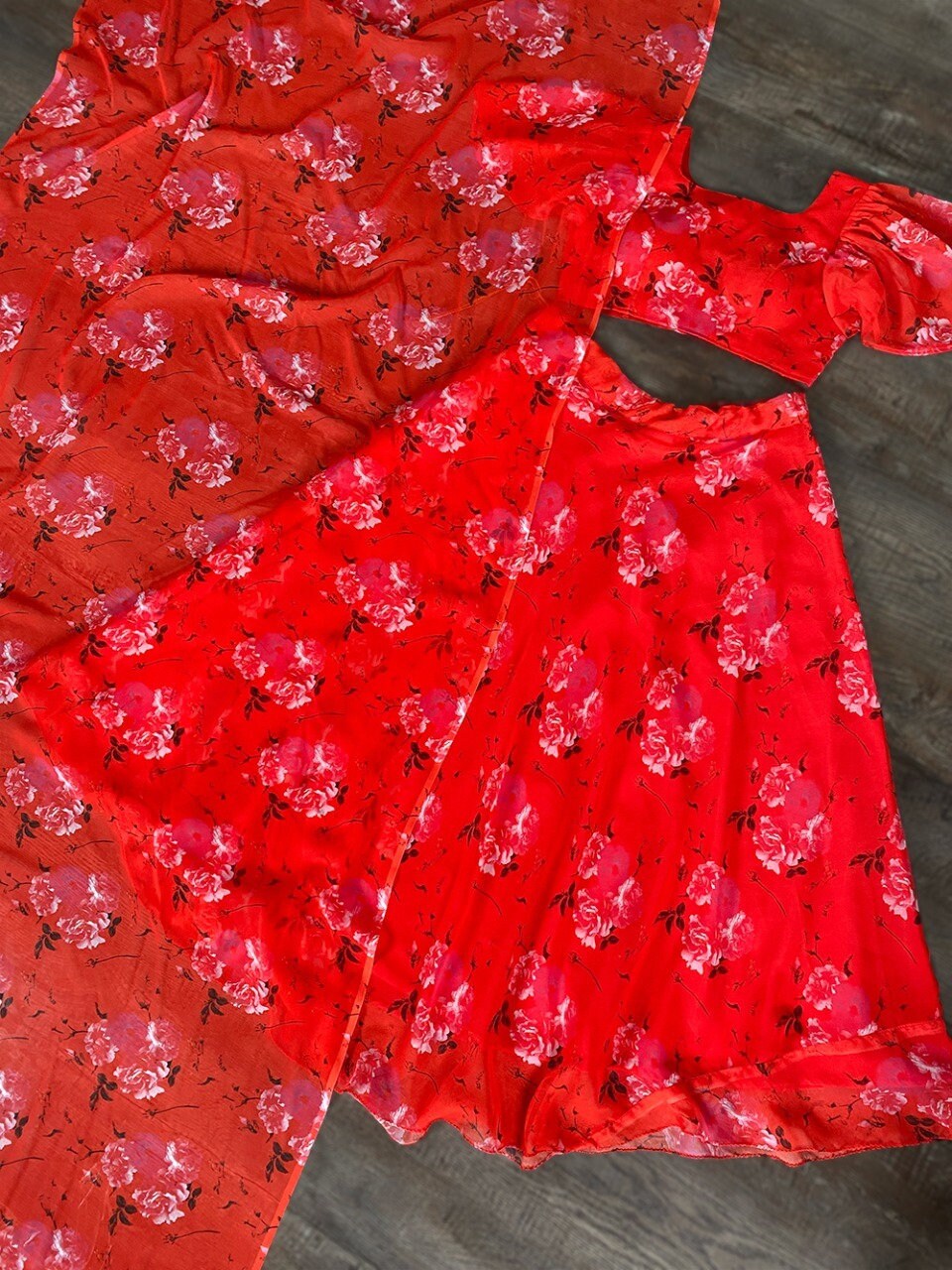 Red Georgette Crop Top Lehenga main image 0