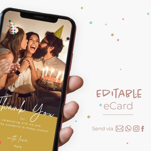 Cartão eletrônico de agradecimento de aniversário animado, cartão de agradecimento editável com foto, modelo de cartão eletrônico de vídeo personalizado, envio por e-mail e SMS para celular