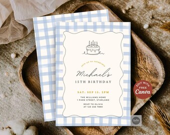 Invitación de cumpleaños número 15 para niño, folleto de fiesta moderno de cuadros azules, imprimible personalizado en Canva de 5x7 pulgadas, invitación para cualquier edad.