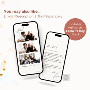 Peut inclure: Deux smartphones affichant une carte de f&ecirc;te des p&egrave;res anim&eacute;e et modifiable. L'&eacute;cran de gauche montre trois photos de famille empil&eacute;es, tandis que l'&eacute;cran de droite affiche un message adress&eacute; &agrave; Papa, sign&eacute; James, sur un fond blanc textur&eacute;.