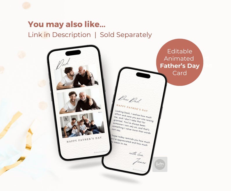 Peut inclure: Deux smartphones affichant une carte de f&ecirc;te des p&egrave;res anim&eacute;e et modifiable. L'&eacute;cran de gauche montre trois photos de famille empil&eacute;es, tandis que l'&eacute;cran de droite affiche un message adress&eacute; &agrave; Papa, sign&eacute; James, sur un fond blanc textur&eacute;.