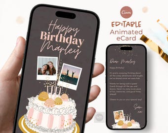 Tarjeta de cumpleaños animada para móvil / Tarjeta de cumpleaños en video editable con foto / Plantilla de felicitación digital / Regalo de cumpleaños virtual / Canva