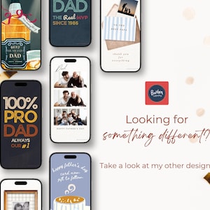 Peut inclure: Une collection de smartphones affichant divers mod&egrave;les de cartes de v&oelig;ux num&eacute;riques pour la f&ecirc;te des p&egrave;res, avec des textes tels que Best Husband and Dad, 100% Pro Dad et To The Best Papa, ainsi que des collages photo et des illustrations de caf&eacute;.