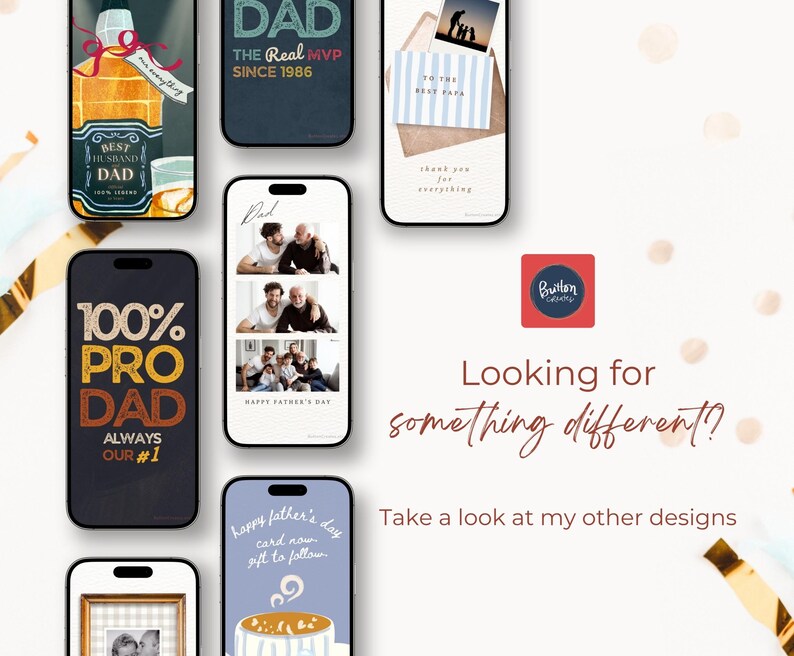 Peut inclure: Une collection de smartphones affichant divers mod&egrave;les de cartes de v&oelig;ux num&eacute;riques pour la f&ecirc;te des p&egrave;res, avec des textes tels que Best Husband and Dad, 100% Pro Dad et To The Best Papa, ainsi que des collages photo et des illustrations de caf&eacute;.