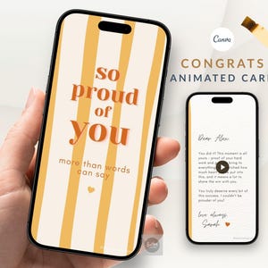 卒業、就職、昇進、新たな人生の節目を祝うためのパーソナライズされたお祝いカード、アニメーション付きの「あなたを誇りに思います」eカード、Canvaカスタムビデオグリーティング