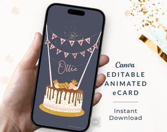 Happy Birthday Cake Bunting Animated Card, Editable Video Greeting, Canva Digital Download
