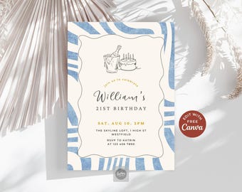 Printbare uitnodiging voor een 21e verjaardag, abstracte flyer met blauwe golven, bewerkbare Canva-sjabloon (5x7 inch), uitnodiging voor champagne en taart.