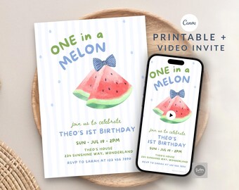 1歳の男の子の誕生日、One in a Melon 5x7 印刷可能＆ビデオ招待状、編集可能なスイカと青い蝶ネクタイのサマーパーティーCanvaテンプレート