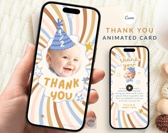 Bedankkaartje met foto van babyjongen (video), blauwe retro swirl digitale e-card, bewerkbare Canva MP4-sjabloon voor een mijlpaal in je babycarrière