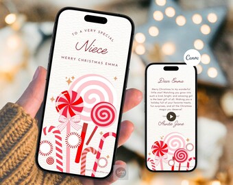 Digitale kerstkaart voor nichtje, geanimeerde kerstkaart met snoepstokje en roze geruite strik, bewerkbaar Canva-bericht met feestelijke tekst.