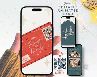 Animated Christmas Family Photo Card Template for Mobile | Digital Xmas Tree Video eCard with Music | Editable Virtual Holiday Greeting Card