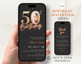 Geanimeerde foto-uitnodiging voor de 50e verjaardag van een vrouw, luxe zwarte en roségouden feestuitnodiging, aangepaste Canva-tekstsjabloon