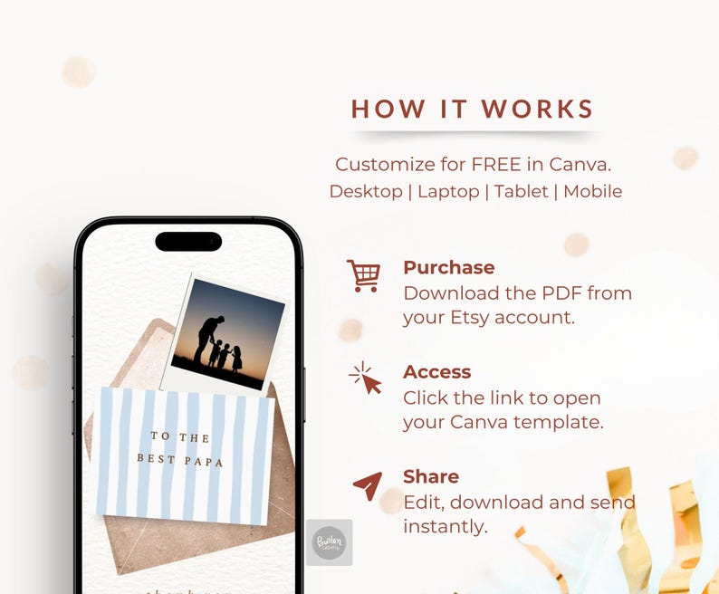 Peut inclure: Un smartphone affichant un mod&egrave;le de carte num&eacute;rique avec un motif &agrave; rayures bleu clair et le texte TO THE BEST PAPA, ainsi qu'une photo d'une silhouette de famille. L'&eacute;cran inclut les instructions : HOW IT WORKS, Purchase, Access, et Share.