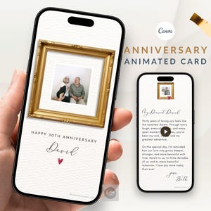 夫と妻のためのアニメーション付きカップル記念日フォトカード、ヴィンテージゴールドフレームのモバイルビデオグリーティング、編集可能なCanvaラブレターテンプレート