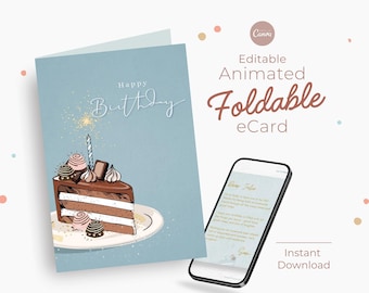 Tarjeta de cumpleaños animada editable, tarjeta de video 3D plegable, saludo digital de descarga instantánea, regalo de última hora compatible con dispositivos móviles, Canva