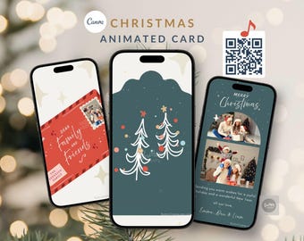 Geanimeerde kerstkaart met familiefoto, kerstboom-e-kaart met muziek, feestelijke fotokaart voor familie en vrienden, bewerkbare Canva-tekstgroet