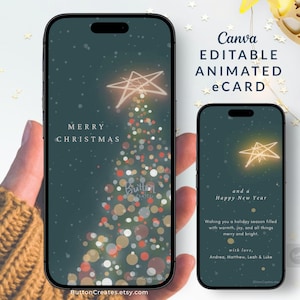 Puede incluir: Dos smartphones que muestran una tarjeta electrónica de Navidad. El teléfono más grande muestra un diseño de árbol de Navidad con una estrella en la parte superior y las palabras "Feliz Navidad". El teléfono más pequeño muestra una estrella y las palabras "Feliz Año Nuevo".
