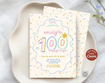 生後100日のお祝い招待状、パステルカラーの紙吹雪が舞う100日記念パーティー招待状、パーソナライズされた5x7サイズのCanvaテンプレート