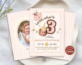 Uitnodiging voor de 3e verjaardag van Look Who, roze retro disco meisje derde feestje, gepersonaliseerde uitnodiging met foto van peuter, printbaar Canva-sjabloon 5x7 inch