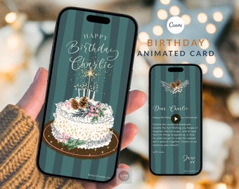 Green Stripe Winter Birthday Animated Card, Cozy Christmas Birthday Video Greeting for Him or Her, Xmas Cake Design, Canva Mobile Texting