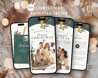 Christmas Letter Animated Card, Green Holiday Family Photo Video eCard for Family & Friends, Canva Editable Xmas Text Greetings MP4