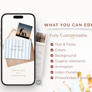 Peut inclure: Un &eacute;cran de smartphone affiche une carte de v&oelig;ux num&eacute;rique avec un motif &agrave; rayures bleu clair, le texte TO THE BEST PAPA et une photo polaro&iuml;d d'une silhouette de famille. Le texte WHAT YOU CAN EDIT et une liste de fonctionnalit&eacute;s apparaissent.