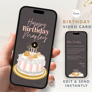 May include: A digital birthday video card displayed on two smartphones. The screen shows a dark gray background with the text Happy Birthday Marley, a white and pink cake illustration with gold accents, and a play button icon in the center.