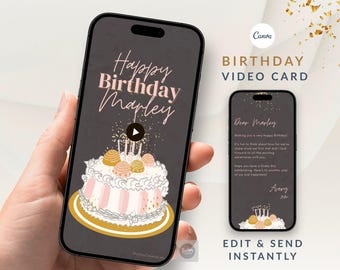 モバイル向けパーソナライズアニメーション誕生日カード、編集可能なビデオグリーティングテンプレート、Canvaデジタルダウンロード