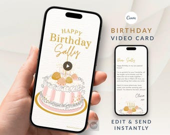 アニメーション付き友達誕生日カード、パーソナライズされた誕生日モバイルグリーティング、あらゆる年齢向けのカスタム誕生日ケーキカード、デジタルCanvaビデオテンプレート