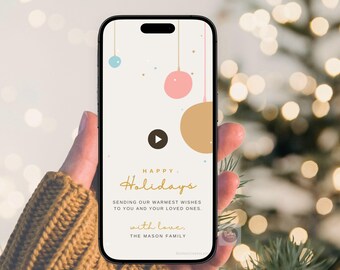 Moderne minimalistische kerstvideokaart, geanimeerde handgetekende kerstbal-e-kaart voor een vrolijke kerstgroet, digitale Canva MP4-sjabloon.