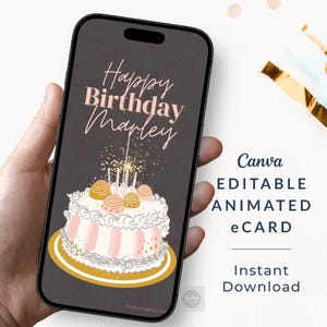 Tarjeta de cumpleaños animada personalizada para móvil, plantilla de saludos en video editable, descarga digital de Canva