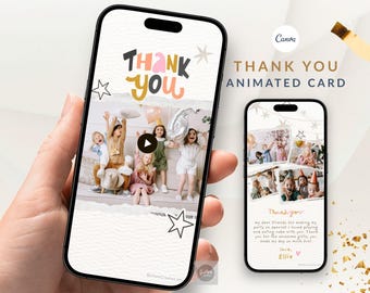 Geanimeerde fotobedankkaart voor een kinderverjaardag, neutrale sterrencollage voor scrapbooking, bewerkbare Canva-videosjabloon voor mobiel sms'en