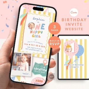 Pode incluir: Um modelo de site de convite de aniversário digital exibido em uma tela de smartphone e tablet. O design apresenta listras amarelas, fotos de uma criança e texto incluindo Sophia is one happy girl e location click here.