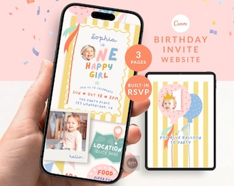 Digitale uitnodiging voor de eerste verjaardag, kleurrijke pastelkleurige uitnodiging voor een vrolijk meisje, bewerkbare Canva-sjabloon met traceerbare RSVP en verlanglijstje.