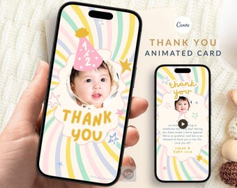 Geanimeerde bedankkaart voor een baby, vrolijk pastel regenboogthema, Canva mobiele videosjabloon, gepersonaliseerde fotobedankkaart voor meisjes van elke leeftijd