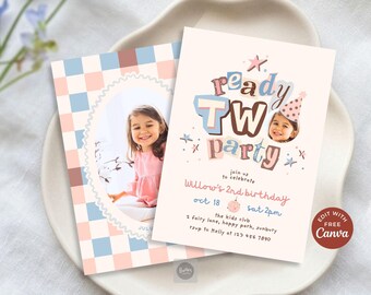 Foto-uitnodiging voor de 2e verjaardag van een meisje, Ready Two Party pastelroze en blauw geruite uitnodiging, bewerkbare Canva-sjabloon 5x7 inch