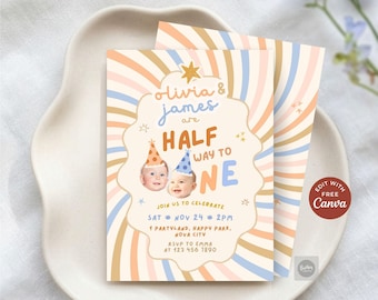 Uitnodiging voor een verjaardag van een tweeling die bijna één jaar oud is, retro pastelkleurige uitnodiging met zonneschijnmotief voor een halfjaarlijkse verjaardag (jongen of meisje), gepersonaliseerde fotokaart voor een feestje van 6 maanden, Canva-sjabloon