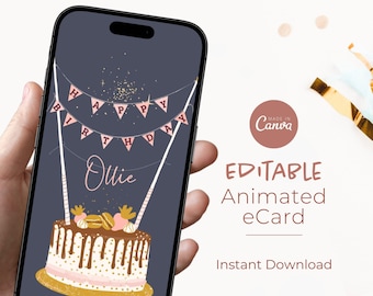 Tarjeta de feliz cumpleaños digital animada para móvil / Plantilla de tarjeta electrónica de cumpleaños personalizada / Saludo virtual en video | Descarga instantánea de Canva