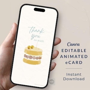 May include: A smartphone displays a digital e-card with a watercolor cake illustration and the text "Thank you so much." The card also includes the text "Canva EDITABLE ANIMATED eCARD" and "Instant Download."