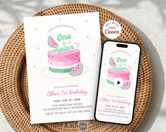 One in a Melon 1歳の誕生日招待状、アニメーション付き印刷可能な1歳の誕生日サマーパーティー招待状、編集可能なCanvaテンプレートデジタルダウンロード