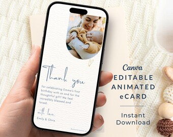 Carte photo animée de remerciement pour bébé, carte virtuelle de remerciement personnalisée pour nouveau-né pour la famille, les amis, note d'appréciation numérique personnalisée, MP4 modifiable