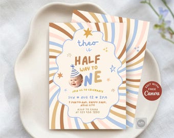 Uitnodiging voor een halfjaarlijkse verjaardag van een jongen, retro groovy spiraalvormige uitnodiging 'Half Way to One', bewerkbare Canva-ansichtkaartsjabloon (5x7 inch).