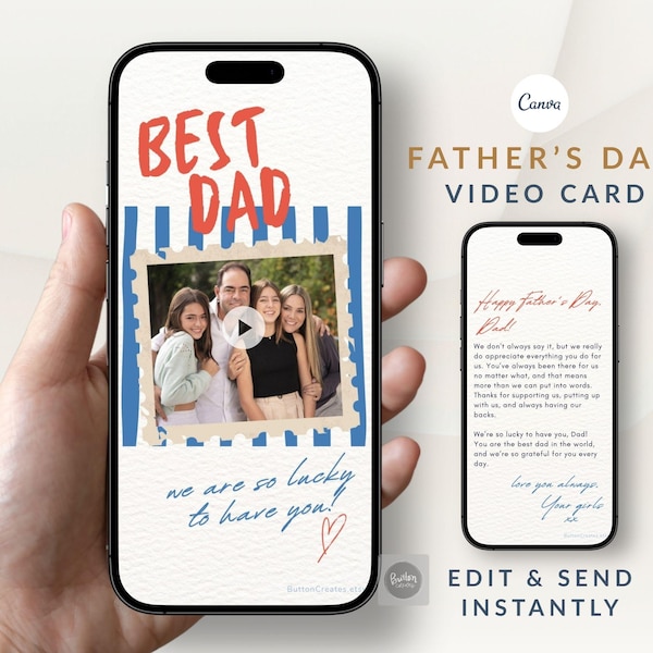 Animated Father's Day Photo Card, Personalized Best Dad Mobile Video Greeting from Daughter, Canva Phone Text Message