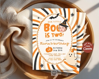 Little Boo Halloween verjaardagskaart, schattige spookfeest foto-uitnodiging, griezelige kinderfeest printbare, bewerkbare Canva 5x7 sjabloon