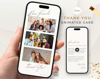 Verjaardagsbedankvideokaart voor vrienden en beste vriendin, gepersonaliseerde moderne fotocollage e-kaart, digitaal Friendsgiving-cadeau, Canva MP4-sjabloon