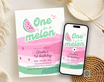 One in a Melon 1歳の誕生日用印刷可能＆ビデオ招待状、ピンクのサマーパーティー招待状、編集可能なCanvaテンプレート