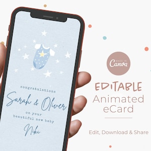 Tarjeta de felicitación para nuevos padres para celular, video animado de bebé recién nacido, tarjeta digital editable de felicitación para nuevo bebé.