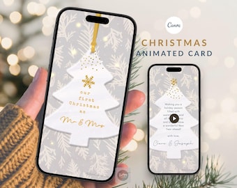 Onze eerste kerst als meneer en mevrouw - geanimeerde kaart, kerstboomversiering - videogroet, bewerkbare digitale kerstkaart voor pasgetrouwden, Canva MP4-tekst