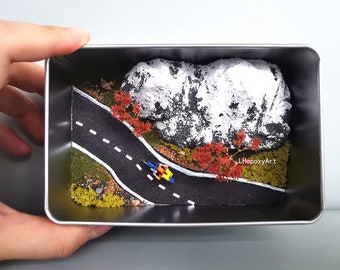 Diorama,Miniature landscapes,Pocket-sized Snowy Mountain Road,Bicycle Riding,home decor,design, customization