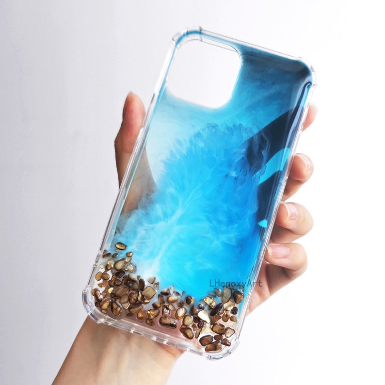 Epoxy resin clear blue ocean waves small stone phone case for Apple iPhone 12Valentine's Day Gift image 6